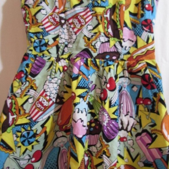 FOLTER DRESS SIZE XS SNACK ATTACK COMIC BOOK PRINT 50'S STYLE SLIT POCKE… PINUP - Picture 3 of 12
